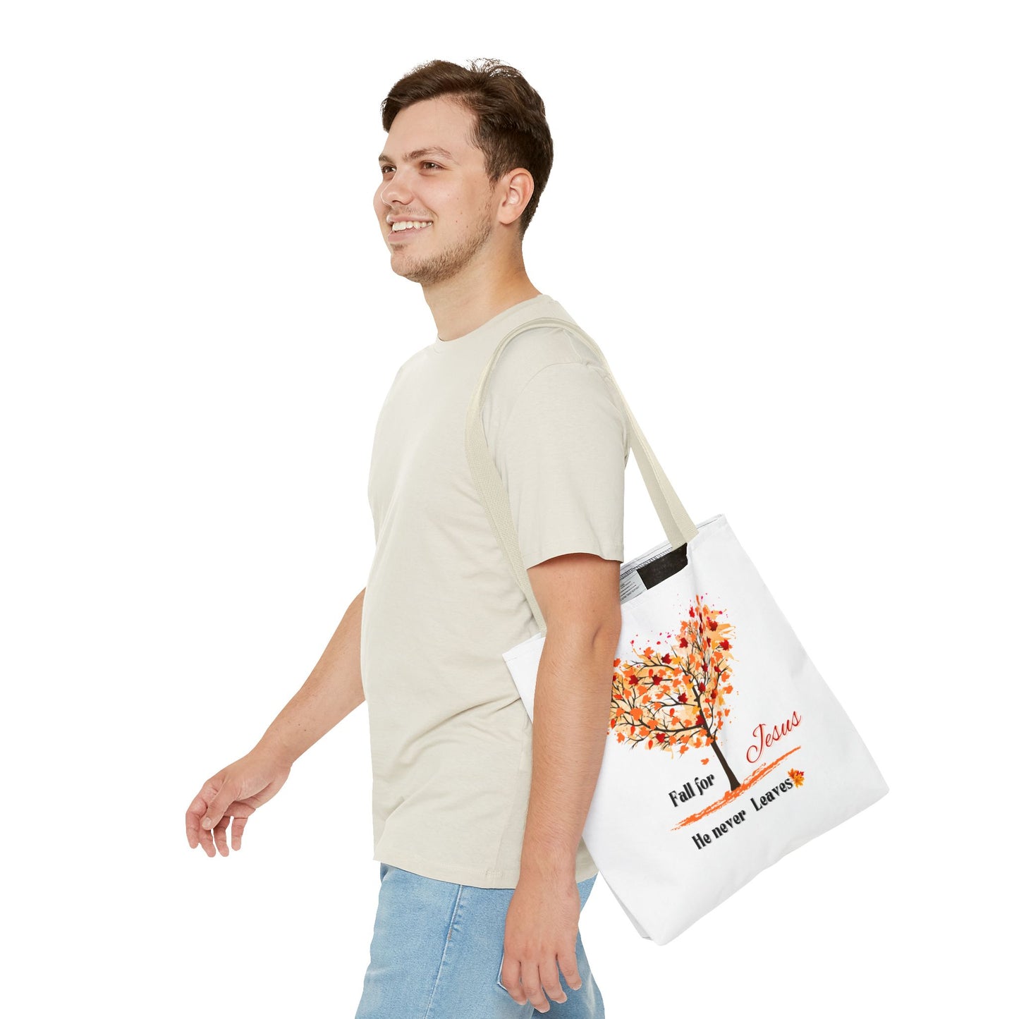 Decorative Fall Tree "Fall for Jesus He never leaves" Tote Bag