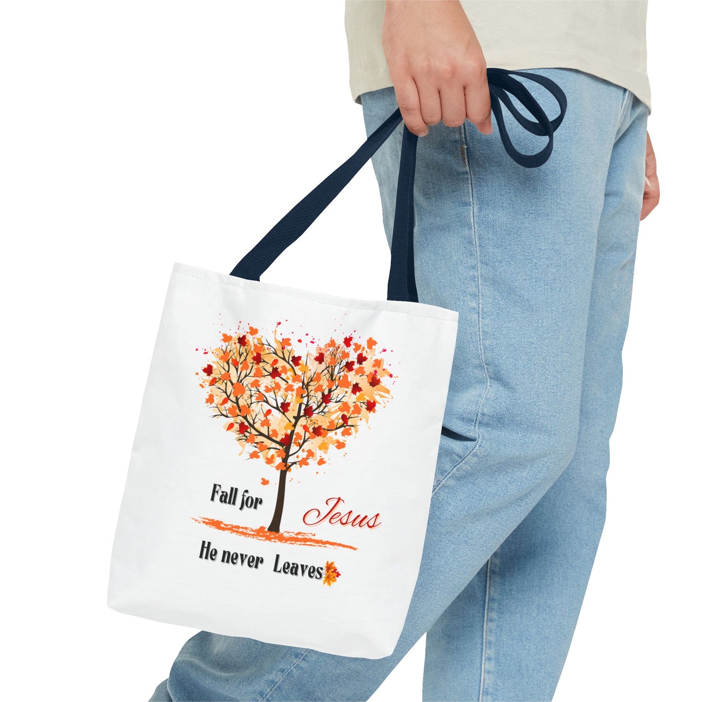 Decorative Fall Tree "Fall for Jesus He never leaves" Tote Bag