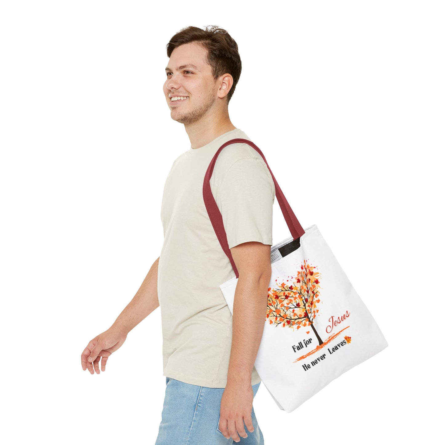 Decorative Fall Tree "Fall for Jesus He never leaves" Tote Bag