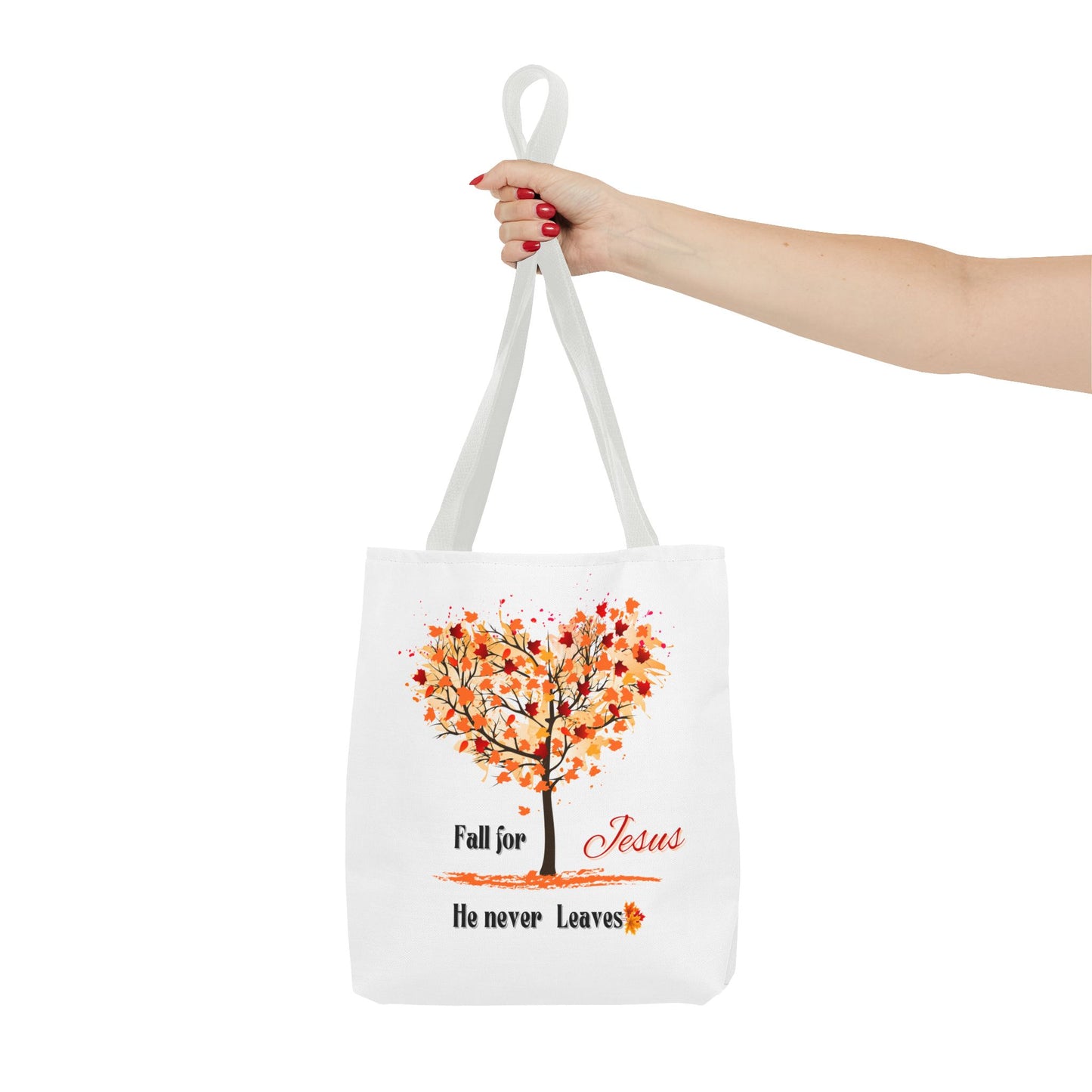 Decorative Fall Tree "Fall for Jesus He never leaves" Tote Bag