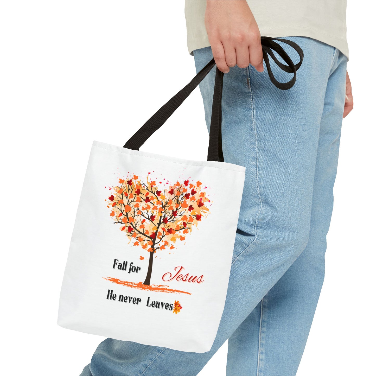 Decorative Fall Tree "Fall for Jesus He never leaves" Tote Bag