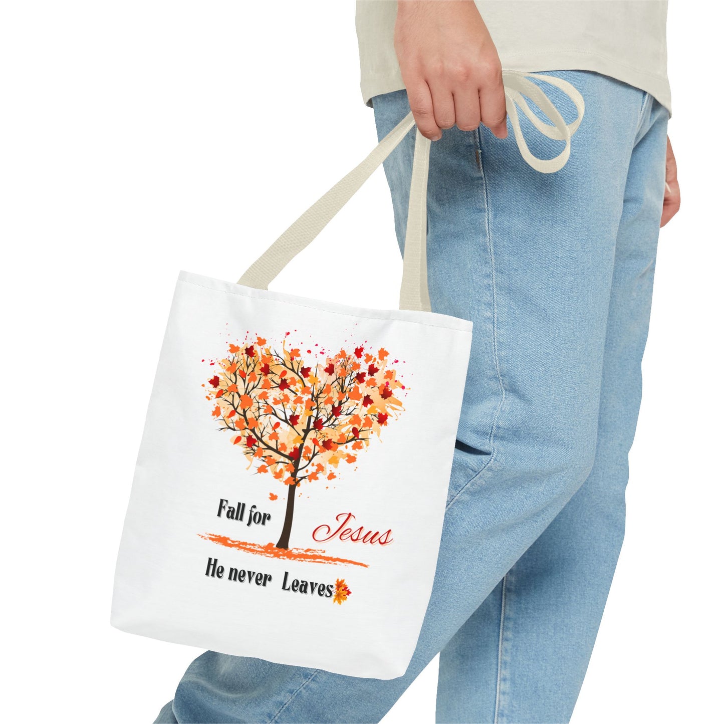 Decorative Fall Tree "Fall for Jesus He never leaves" Tote Bag