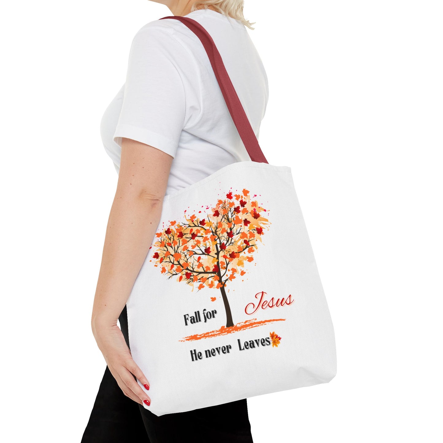 Decorative Fall Tree "Fall for Jesus He never leaves" Tote Bag