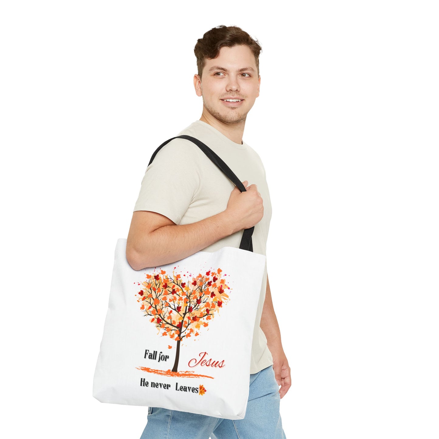 Decorative Fall Tree "Fall for Jesus He never leaves" Tote Bag