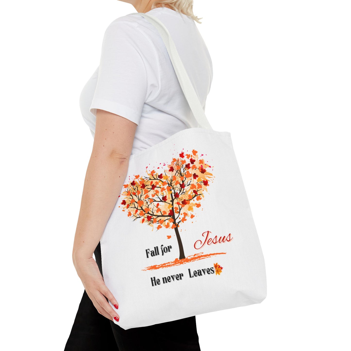 Decorative Fall Tree "Fall for Jesus He never leaves" Tote Bag