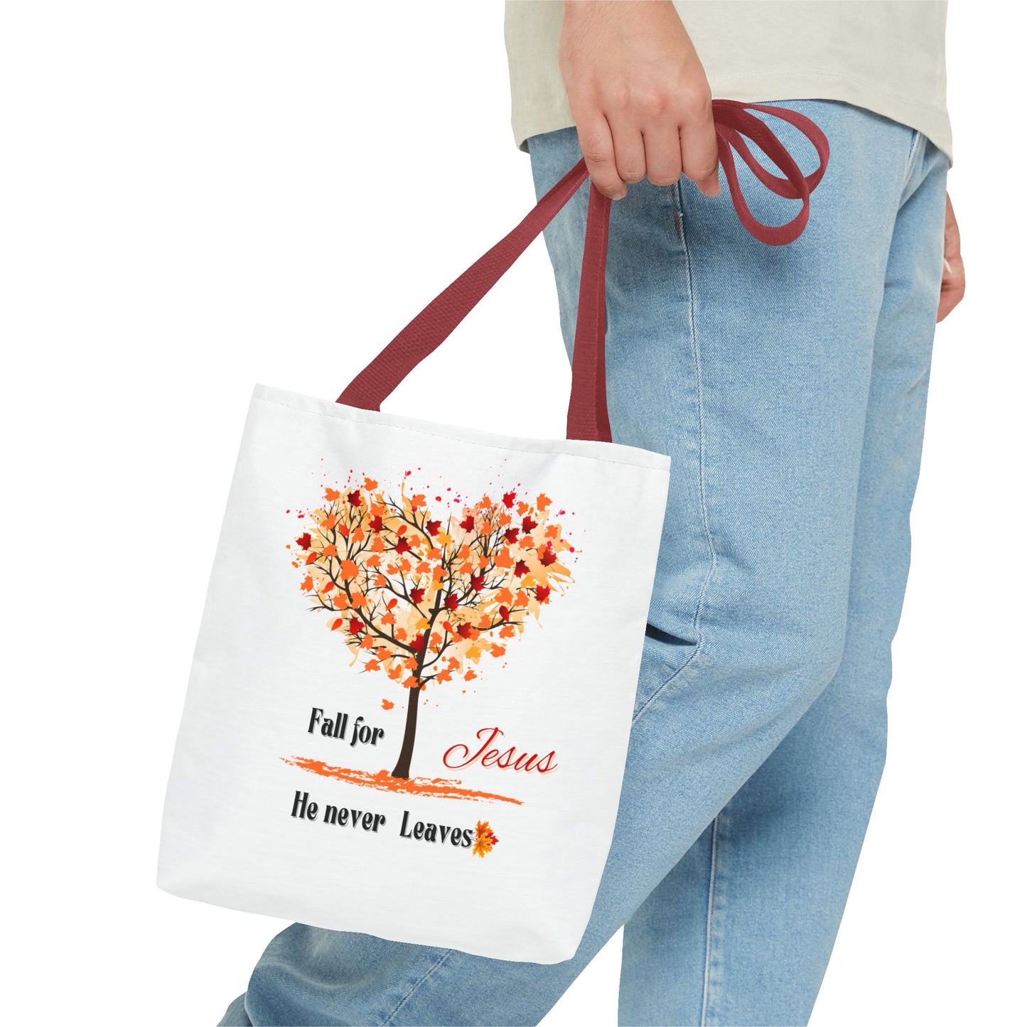 Decorative Fall Tree "Fall for Jesus He never leaves" Tote Bag