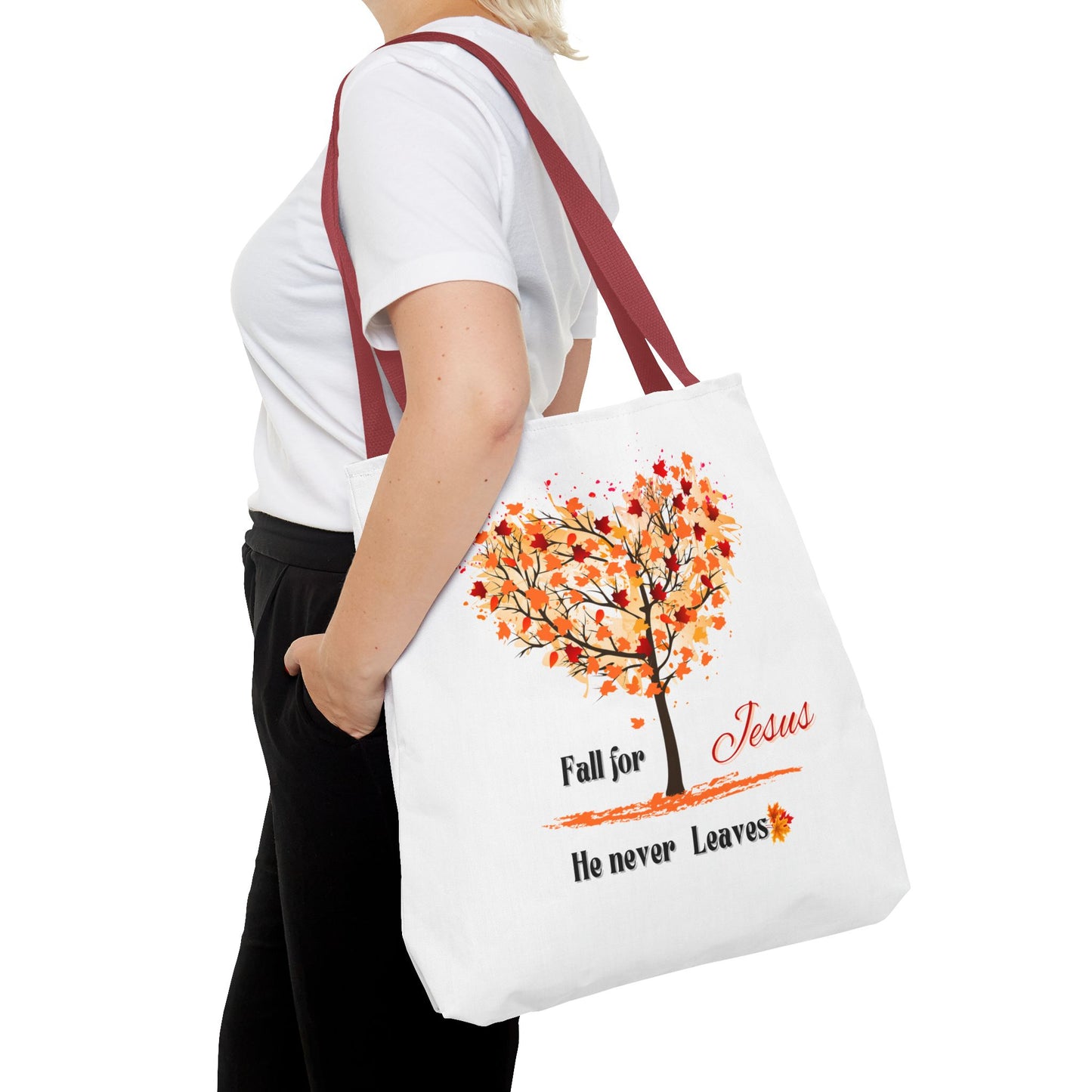 Decorative Fall Tree "Fall for Jesus He never leaves" Tote Bag