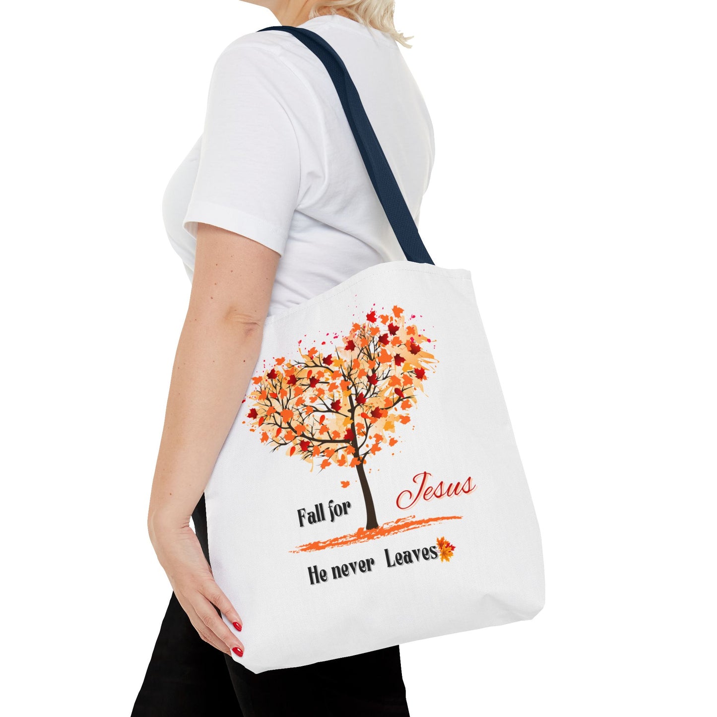 Decorative Fall Tree "Fall for Jesus He never leaves" Tote Bag