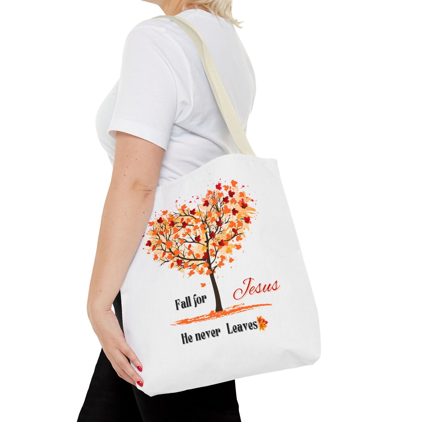 Decorative Fall Tree "Fall for Jesus He never leaves" Tote Bag