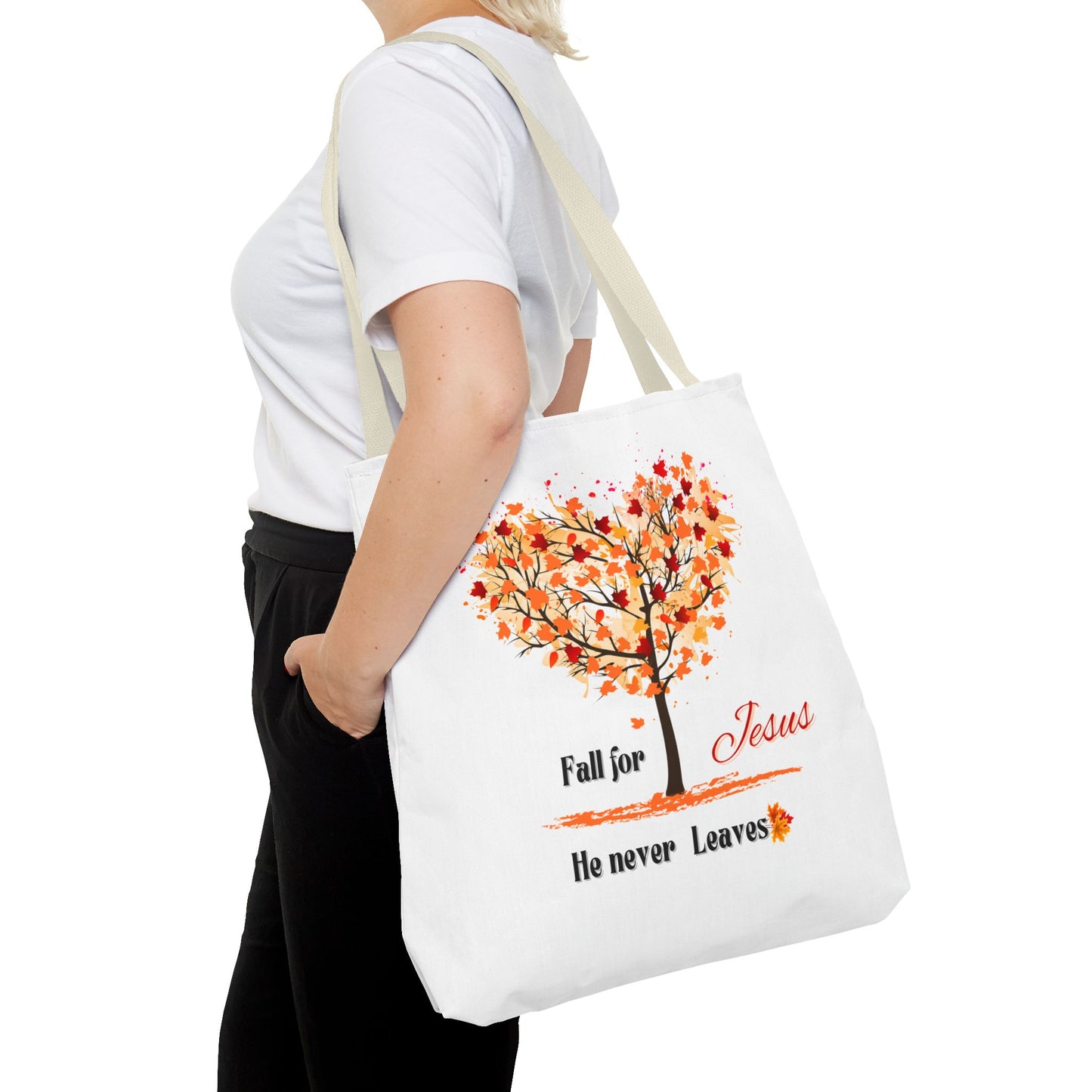 Decorative Fall Tree "Fall for Jesus He never leaves" Tote Bag