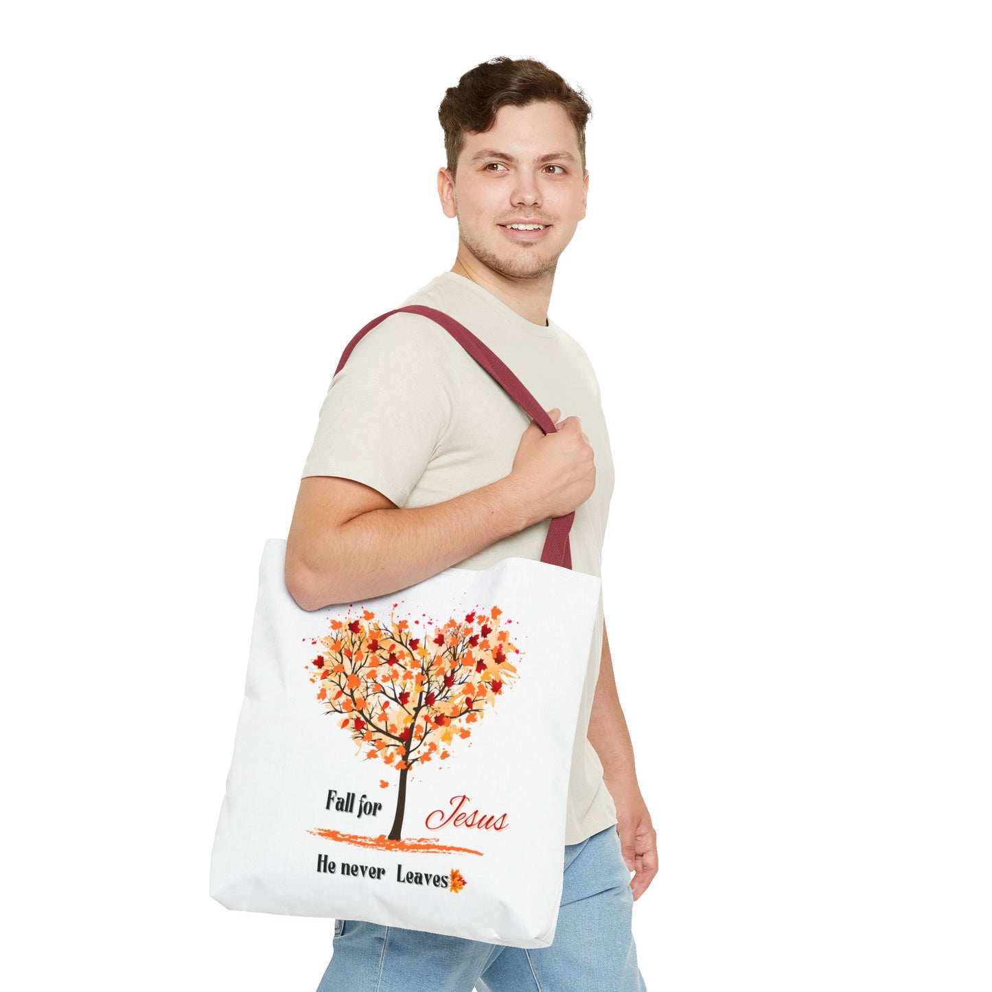 Decorative Fall Tree "Fall for Jesus He never leaves" Tote Bag